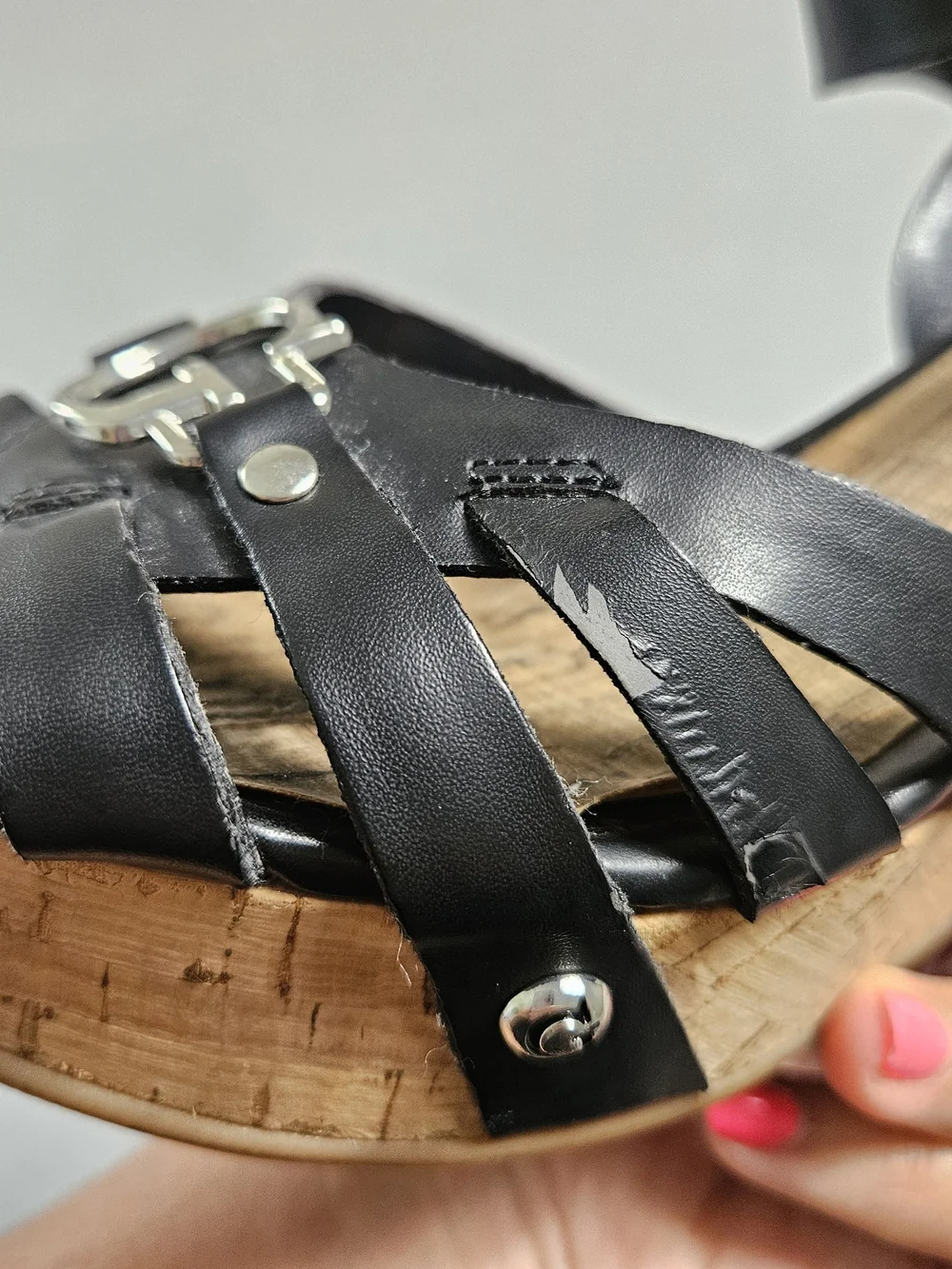 Guess Black Strappy Cork Platform Wedge Sandals Silver G Logo Size 8